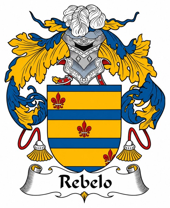 Rebelo coat of arms: gold and blue barred shield with three red fleurs-de-lis, knight’s helm, and scroll